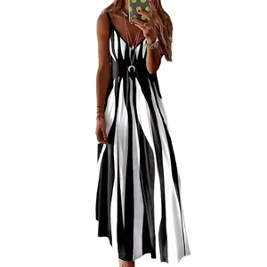 Elegant summer sleeveless V-neck maxi dress featuring a bold black and white abstract print