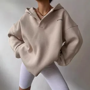 Oversized American retro V-neck hoodie in beige with minimalist logo and drop shoulder