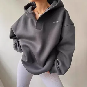 Premium oversized charcoal grey vintage V-neck hoodie with chest logo print detail