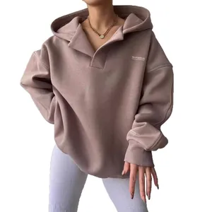 Minimalist heavyweight American vintage V-neck oversized hooded sweatshirt for women
