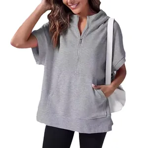 Women's casual grey short sleeve hooded sweatshirt with half-zip and pocket