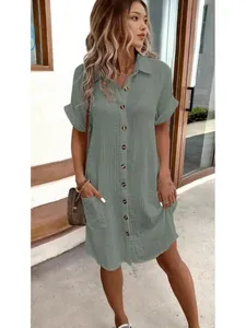 Casual sage green cotton linen button-down midi dress with pockets and short sleeves