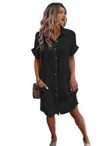 Casual black cotton linen button-down short sleeve loose midi dress for women