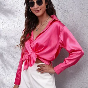Elegante hot pink Satin-Langarmbluse für Damen mit einem sehr glatten, seidigen Finish