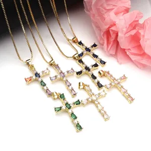 Fashion Women Cross Zirconia Pendant Necklace Colorful Drop Shaped Adjustable Brass Gold Plated Chain Necklace Jewelry Gift