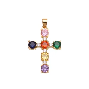 Elegant gold plated copper cross pendant necklace with vibrant multi-colored round zircons