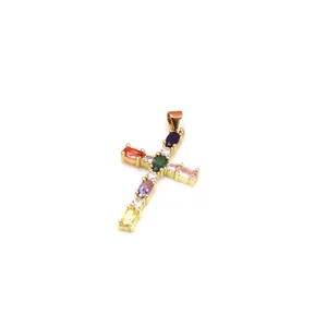 Elegant copper cross pendant inlaid with colorful oval-shaped zircons on white background.