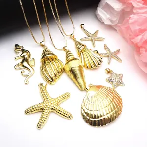 Ocean Style Gold Plated Copper Conch Starfish Seahorse Pendant Necklace Zirconia Inlaid Marine Life Jewelry For Women