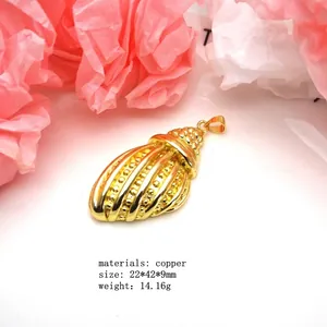 Macro view of a gold-colored copper seashell pendant with detailed ribbed texture