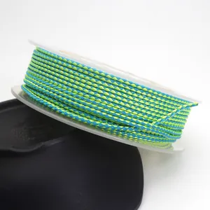 Detailed view of 1.5mm blue and lime green braided dragon pattern cord for jewelry making