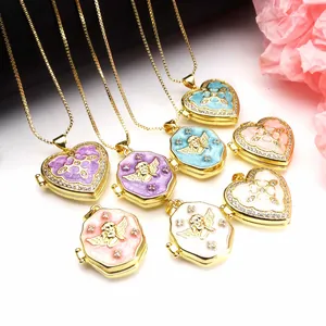 Copper Gold Plated Zirconia Enamel Heart Angel Locket Pendant Necklace Women Retro Openable Photo Frame Jewelry Gift