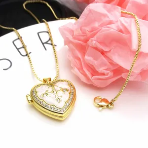 Close-up of a heart locket necklace featuring gold plating, zircon inlay, and pink enamel.