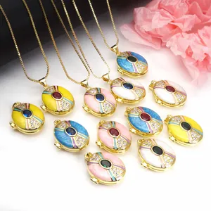 Copper Gold Plated Enamel Oval Locket Pendant Necklace For Women Retro Geometric Zirconia Inlaid Jewelry Gift Accessories