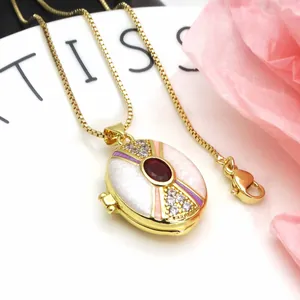 Exquisite copper gold-plated enamel locket pendant necklace with red gemstone and zircon details