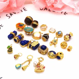 Perles de Fabrication de Bijoux DIY en Cuivre Plaqué Or Sable Breloques Calebasse Dzi Lapis-Lazuli Intercalaires Sertis de Zirconia pour Bracelet Collier Style Ethnique