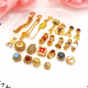 Ethnic Sand Gold Copper DIY Jewelry Accessories Auspicious Gourd Tassel Pendants With Rhinestones Artificial Pearls For Bracelet Making
