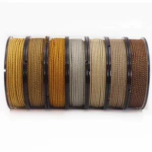 Macro detail of seven spools of metallic Mambo thread in gold and earth tones for DIY crafts