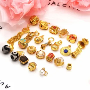 Vintage Copper DIY Jewelry Beads With Rhinestone Artificial Pearl Lotus Gourd Charms Auspicious Pattern Loose Beads For Bracelets