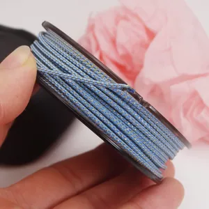 Macro detail showing the texture of blue and gold metallic Manbo cord for DIY jewelry