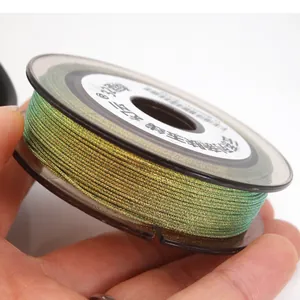 Detailed macro view of 0.85mm iridescent gradient green and gold jewelry cord on spool