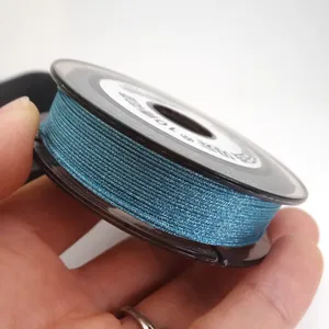 Macro detail of 0.85mm metallic blue iridescent jade thread for DIY jewelry weaving