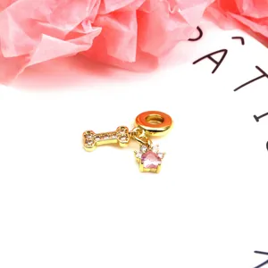 Makro-Detail eines goldenen Zirkon-Hundeknochen-Anhängers und rosa Herz-Kristall-Anhängers