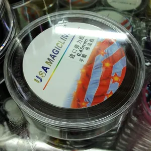 Detail view of 0.45mm elastic beading thread in transparent plastic spool packaging.
