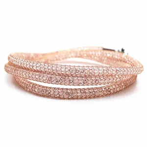 Elegant rose gold mesh tube necklace filled with sparkling pink crystals