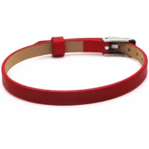 Detailed close-up view of a slim red leather belt bracelet featuring a silver buckle