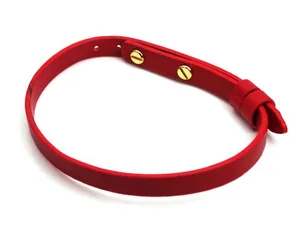 Macro view of minimalist red leather bracelet with elegant gold screw-head rivets