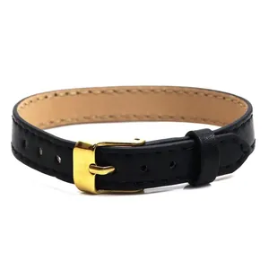 Detailed macro view of a 10mm black leather strap bracelet featuring a gold buckle.