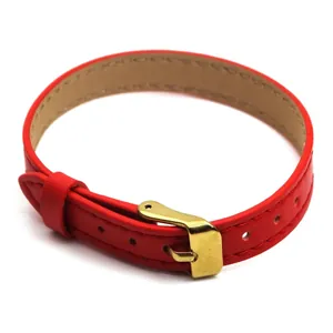 Fashionable 10mm red leather watch strap style bracelet with a polished gold buckle