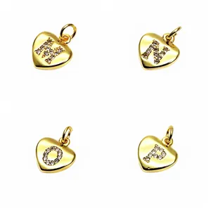 Heart-shaped alphabet charms with micro-pave cubic zirconia stones, letters M N O P