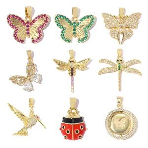 Pendentifs Animaux en Cuivre et Zirconia Plaqué Or 18K Papillon Libellule Coccinelle Colibri Accessoires de Bijouterie DIY