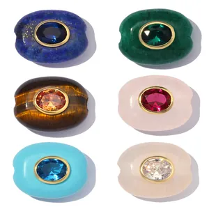 Ovale Naturstein Zirkonia Perlen 18K Vergoldetes Kupfer Anhänger DIY Schmuckherstellung Rose Quarz Amethyst Tigerauge Charme