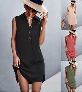Summer sleeveless V-neck cotton linen shirt dress featuring buttons and side slit
