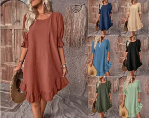 Round neck loose cotton linen dress for women in various colors with ruffled hem