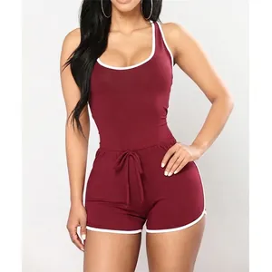 Elegant wine red one-piece romper featuring white contrast trim and drawstring waist