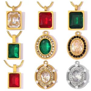 Stainless Steel Zirconia Pendant Colored Rhinestone Round Rectangle Oval Geometric Charm For Women DIY Jewelry Making Supplies Only Pendant