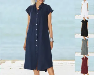 Elegant stand collar cotton linen shirt dress with single-breasted buttons and pocket
