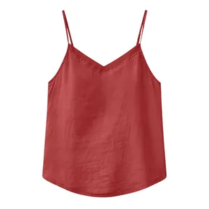 Close-up detail of the fabric and organza trim on this red cotton linen summer camisole