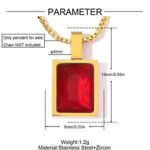 Red zircon pendant dimensions and specifications in polished gold stainless steel