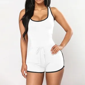 Detail view of a white one-piece bodysuit with black trim and a drawstring waist