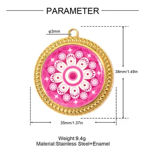 Detail of 35mm pink mandala enamel pendant with stainless steel material and weight specs