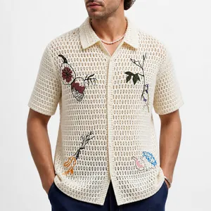 Men Vacation Style Crochet Knit Cardigan Polo Shirt Hollow Out Embroidered Short Sleeve Casual Breathable Lapel Button Down Top