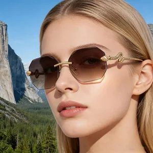 Detailopname van een stijlvolle achthoekige zonnebril met gouden slangendetails op een model