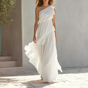 French Resort Style Halter Single Shoulder Ruffle Maxi Dress Solid Color Sleeveless A-Line Summer Beach Bohemian Long Dress For Women