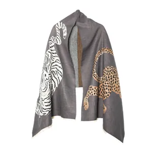 Gray jacquard shawl featuring artistic tiger and leopard animal motifs