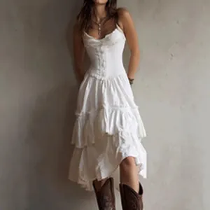 Women Sexy Lace Patchwork Camisole Tiered Cake Midi Dress Back Tie-Up Spaghetti Strap Solid Color Ruffle Sundress For Urban Commuting