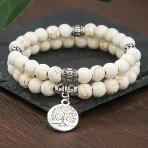 Double-strand white howlite bead bracelet with silver Tree of Life charm pendant